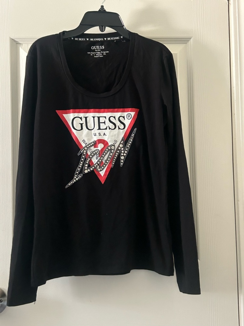 GUESS Black Long-Sleeve Tee with Red Triangle Logo and Embellished Script